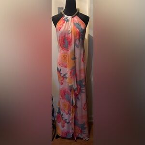 NWT Calvin Klein Floral Beaded Choker Neck Mermaid Silhouette Maxi Halter Dress